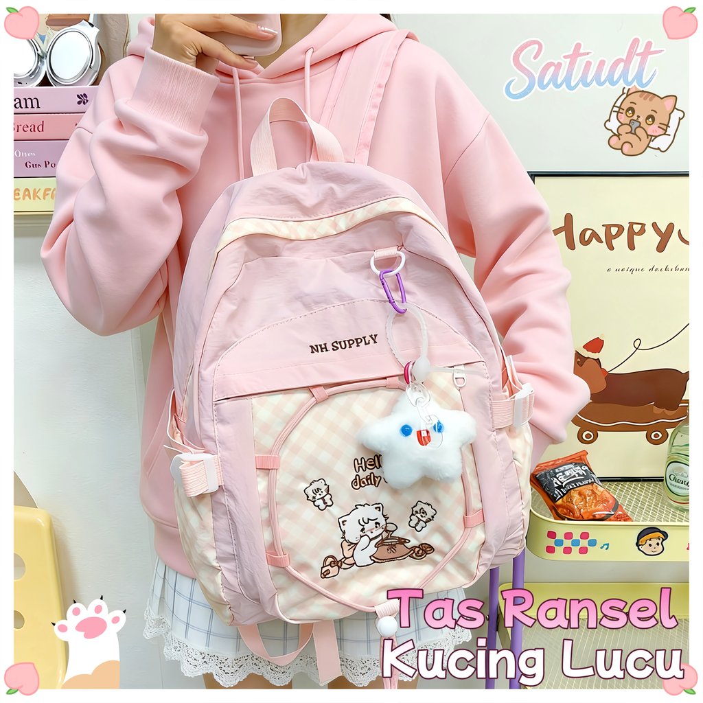 [Ready] Tas Ransel Kucing Kartun Lucu Bergaya Jepang/Tas Ransel Pink Wanita/Ransel Sekolah Motif