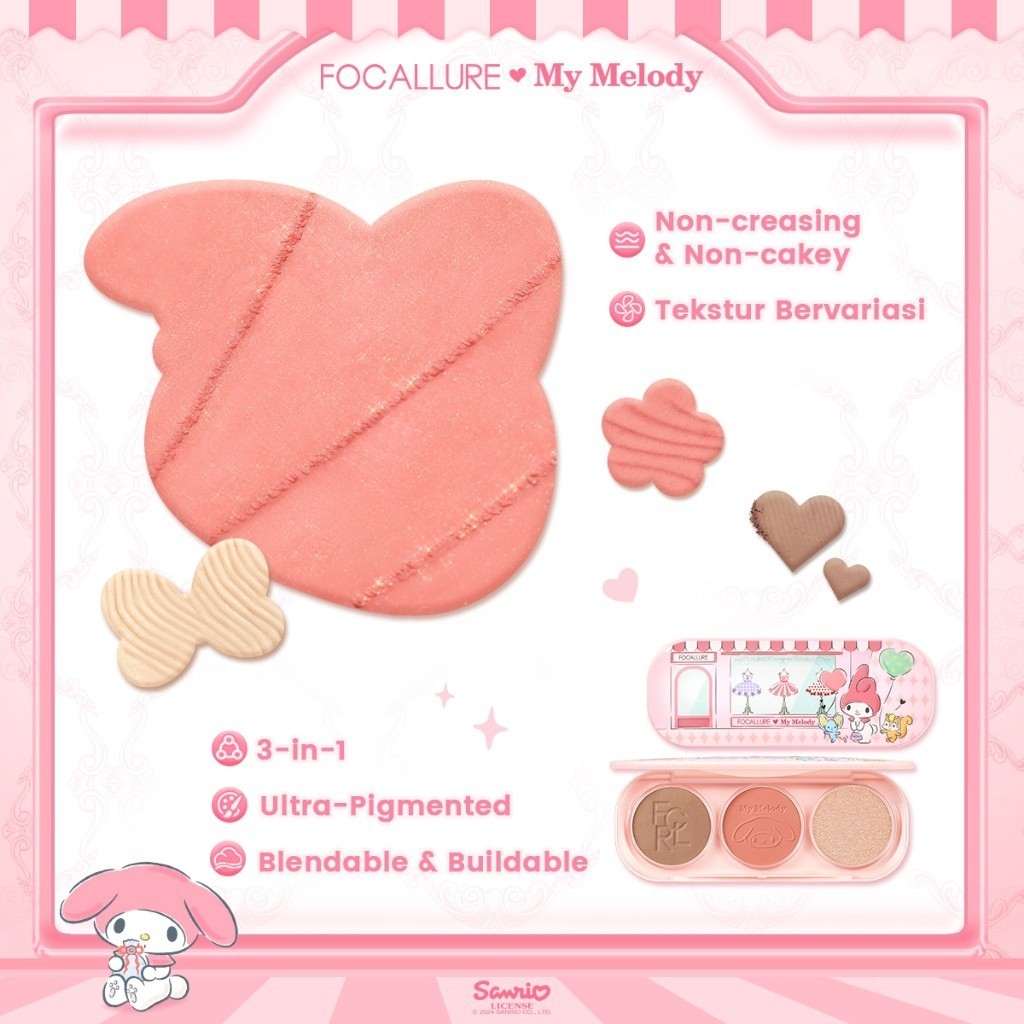 Focallure X Sanrio 3IN1 Blush Contour Palette | Blush On Highlighter Natural & Halus