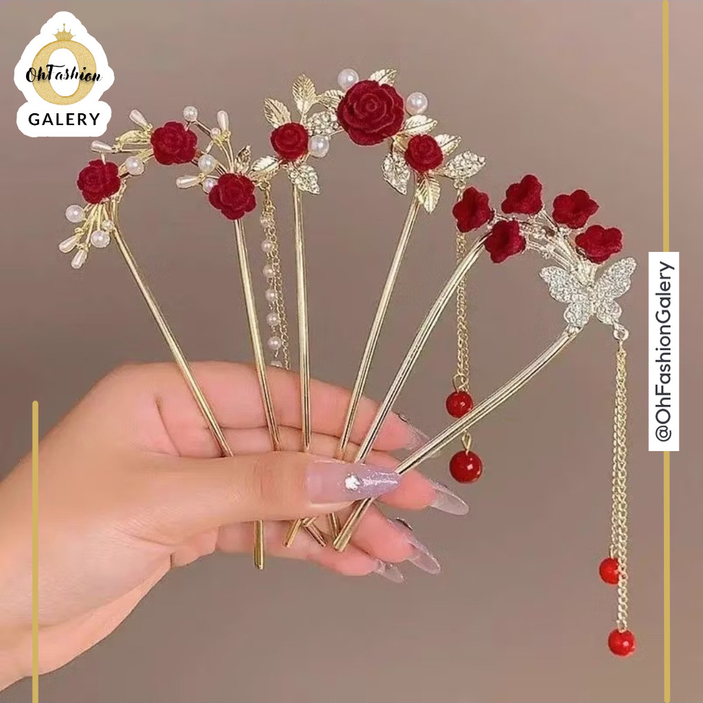 OHFASHION Tusuk Konde Rambut Korea Edisi Merah Tusuk Konde Sanggul Hiasan Rambut Bahan Alloy