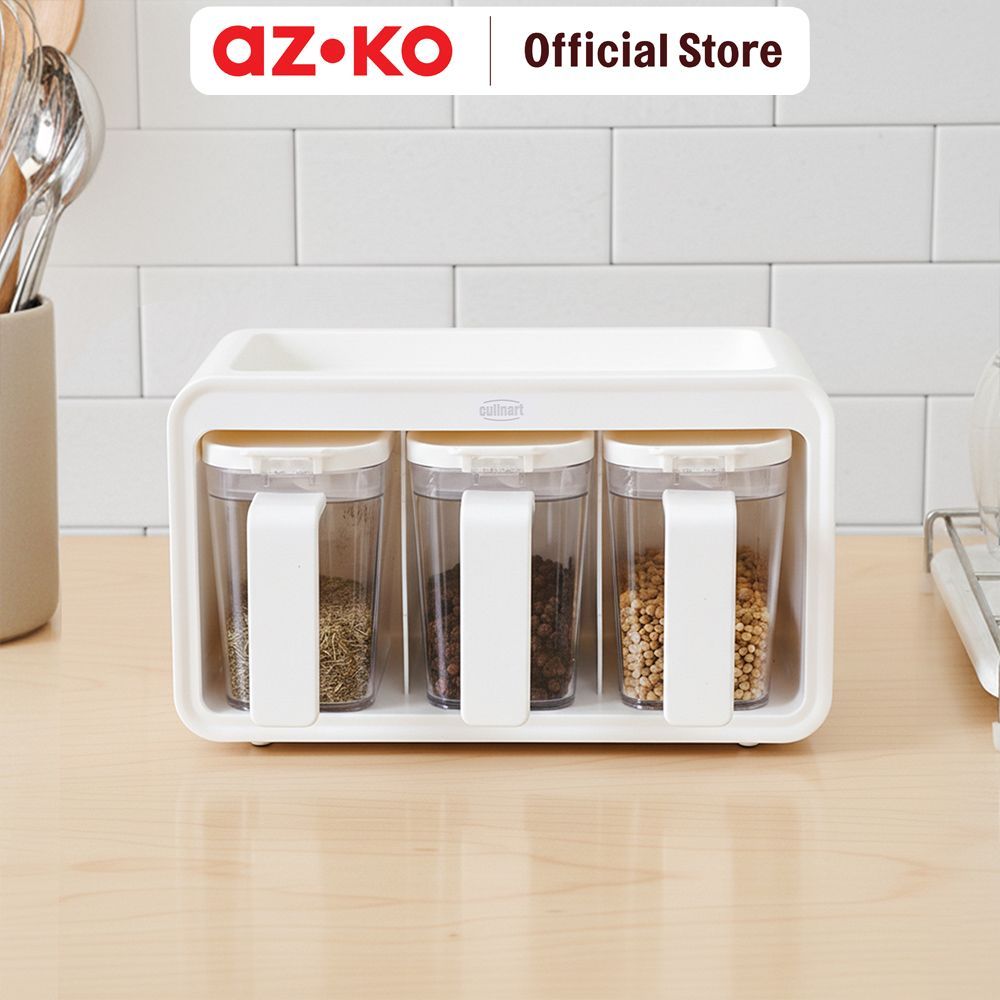 AZKO Culinart Tempat Bumbu Dapur Plastik 400 ml Set 3 Pcs - Putih Set Spice Jar Rack Tempat Penyimpa
