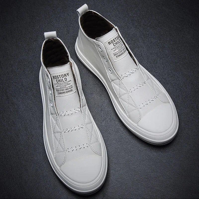 New 100% Genuine Leather Shoes Men High top Fashion Sneakers Flat Brand Black White Shoes Cool Stree