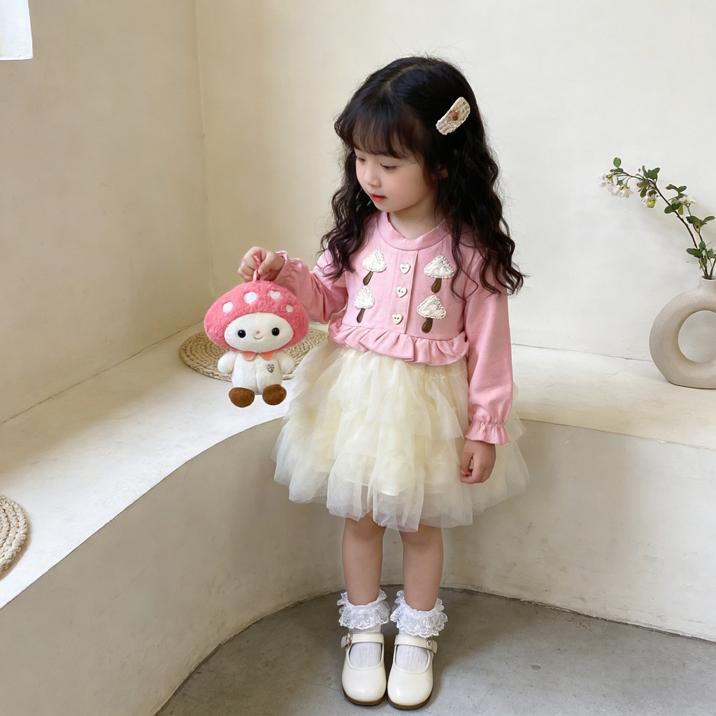COD Gaun Anak Perempuan Imut Motif Jamur, Kombinasi Lengan Panjang & Rok Tutu Lipat, 2 Warna (Abu-ab