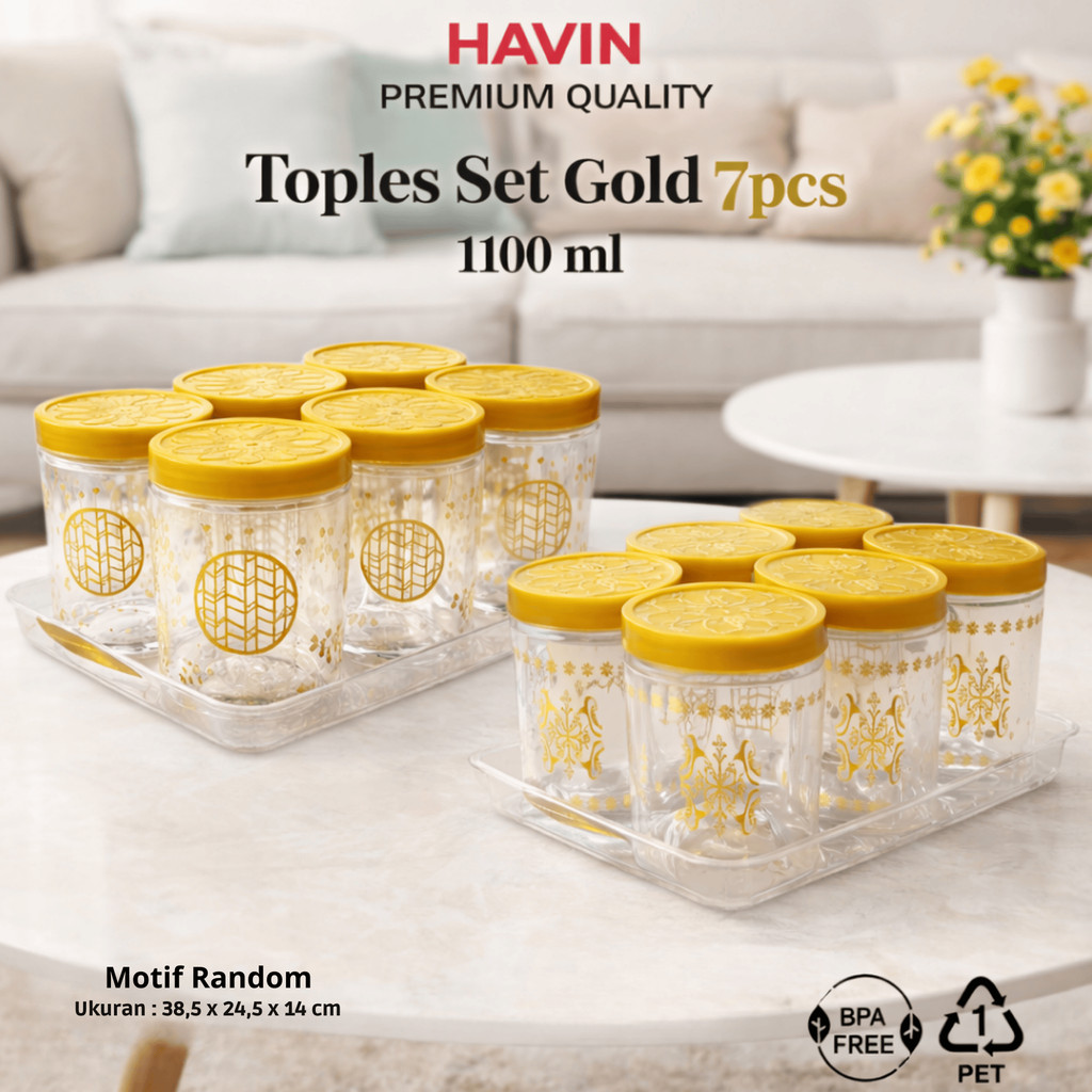 HAVIN Toples Set Sultan Gold 7 PCS 1100ml BPA Free – Toples Lebaran Plastik PET Food Grade + Nampan 