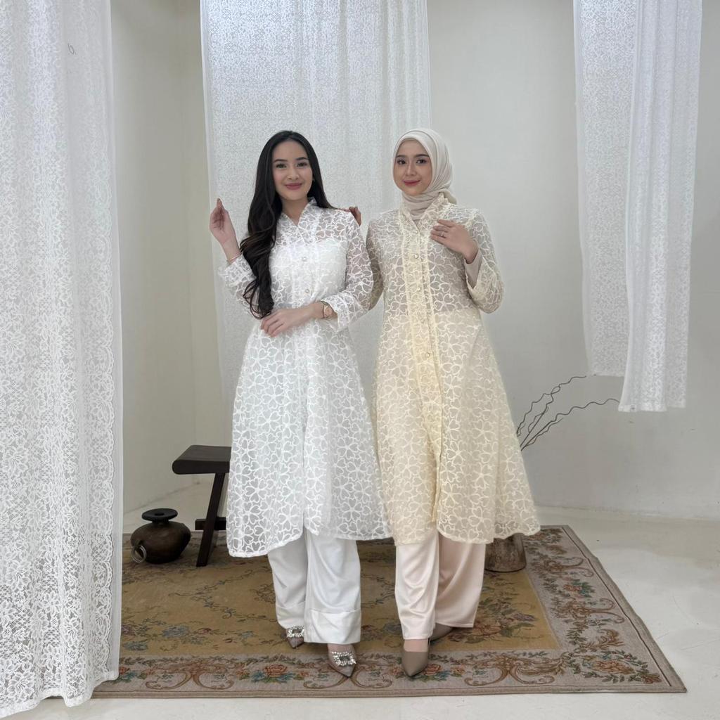 Perfectu Official - Rania Outer Brukat Cardigan Bahan Organza Kondangan Mewah Motif Bunga Muslim Pan