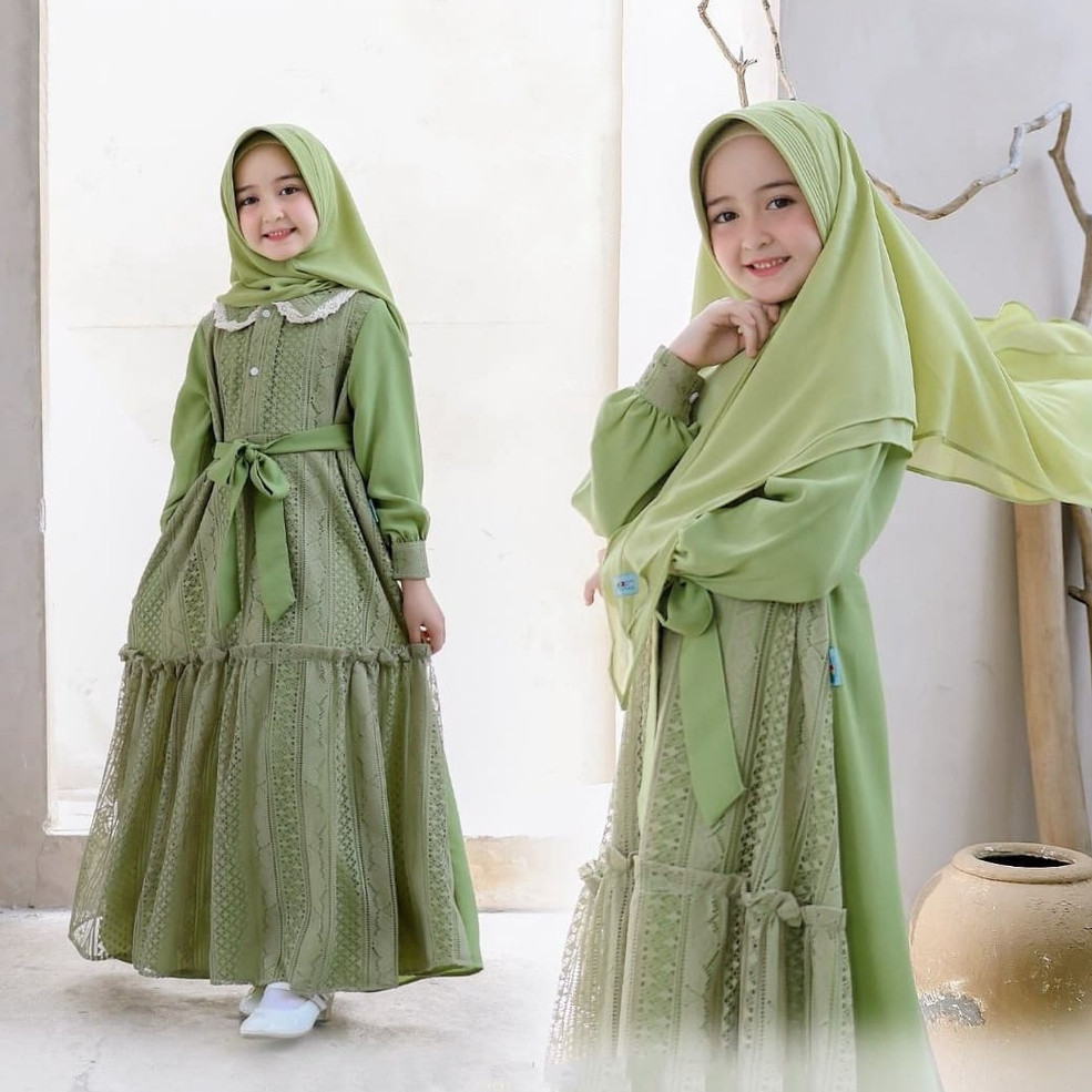 Jovera —— (Real Picture) Ghania Kids Gamis Syari Set Hijab Anak Perempuan  Muslim Lebaran 6-8 Tahun 