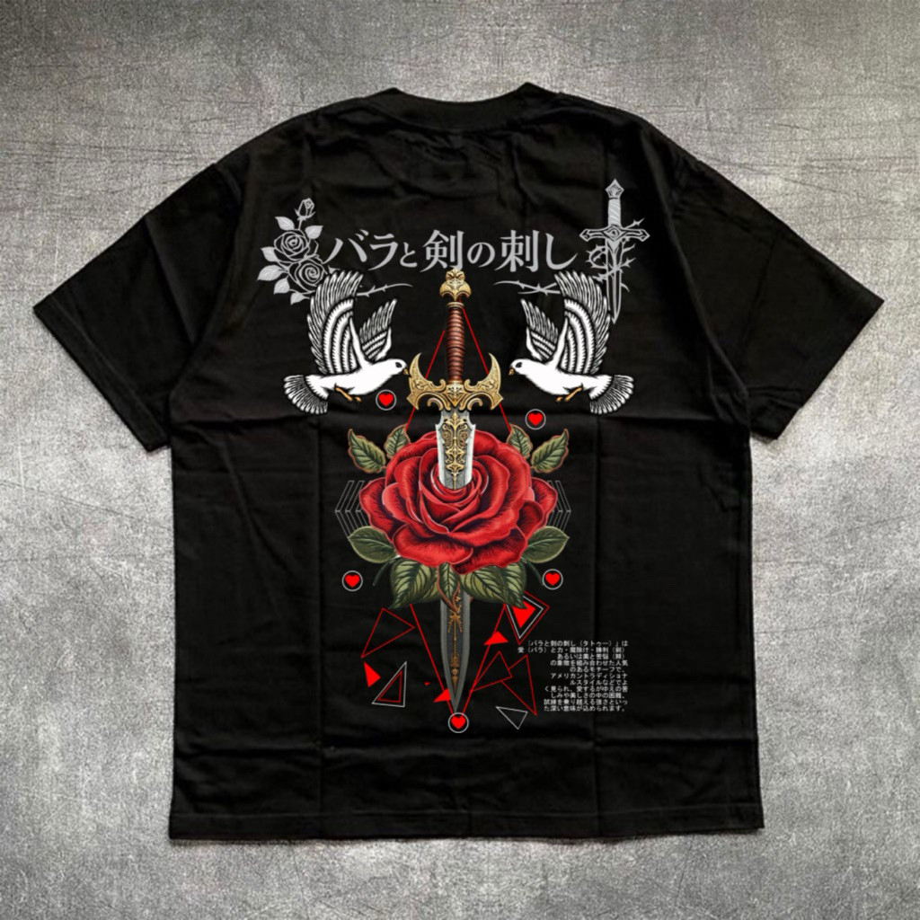 Kaos Distro Simbol Mawar Tertusuk Pedang Bahan Cotton Combed 24S