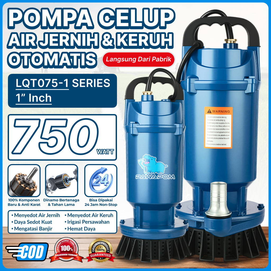 PAWAPOM Pompa Celup Air Bersih 750W 1 Inch Otomatis – Pompa Air Kuat untuk Banjir Rumah, Sumur & Kol