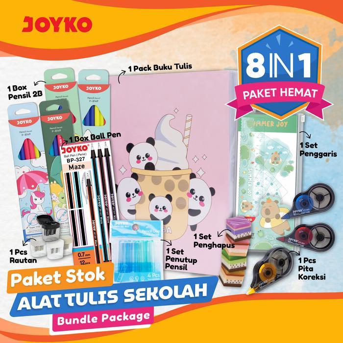 JOYKO 8 in 1 Bundling Paket Stok Alat Tulis Sekolah 1 Pack Buku Tulis + 1 Box Ball Pen + 1 Box Pensi