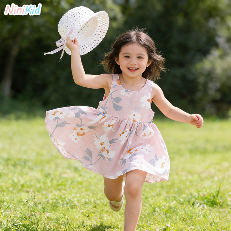 NiniKid Dress Bayi Bahan Katun/Setelan Baju Anak Perempuan/Gaun anak perempuan tanpa lengan dengan d