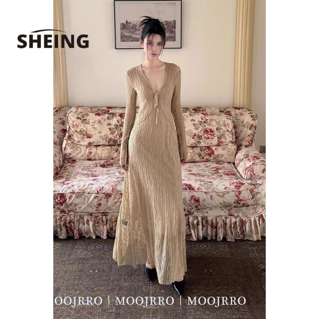 SHEING Dress Gaun renda lengan klakson angin gurun temperamen super peri renda lengan panjang gaun p