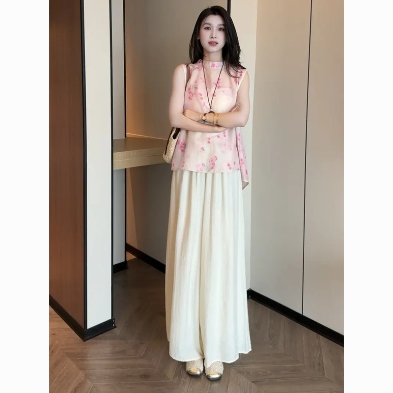 [Pakaian Ratu] New Chinese Elegance Fashion Top Kasual Set Celana Kaki Lebar Wanita Set Dua Potong