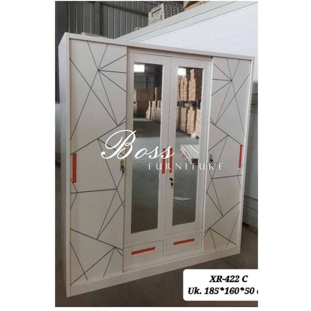 Lemari Pakaian Besi Impor Stainless Sliding 4 Pintu Cemin