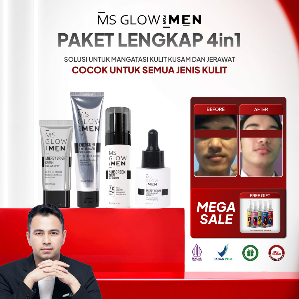 MS GLOW MEN - Paket Lengkap 4in1 Paket Skincare Wajah dan Muka Pria Cowok Ms Glow For Men Lengkap
