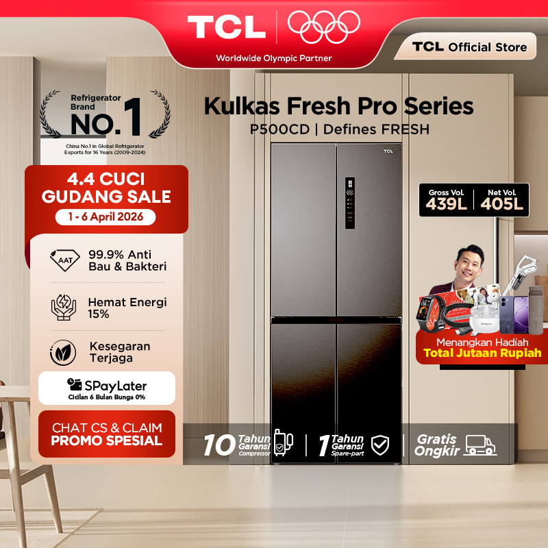 TCL Kulkas 4 Pintu - Kapasitas 439L - Twin Eco Inverter - Tanpa Bunga Es - Lemari Es - P500CD