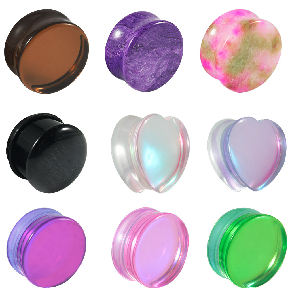 1Pc Natural Stone Glass Double Flared Plug Heart Ear Tunnel Gauge Colorful Stone Ear Expander Weight