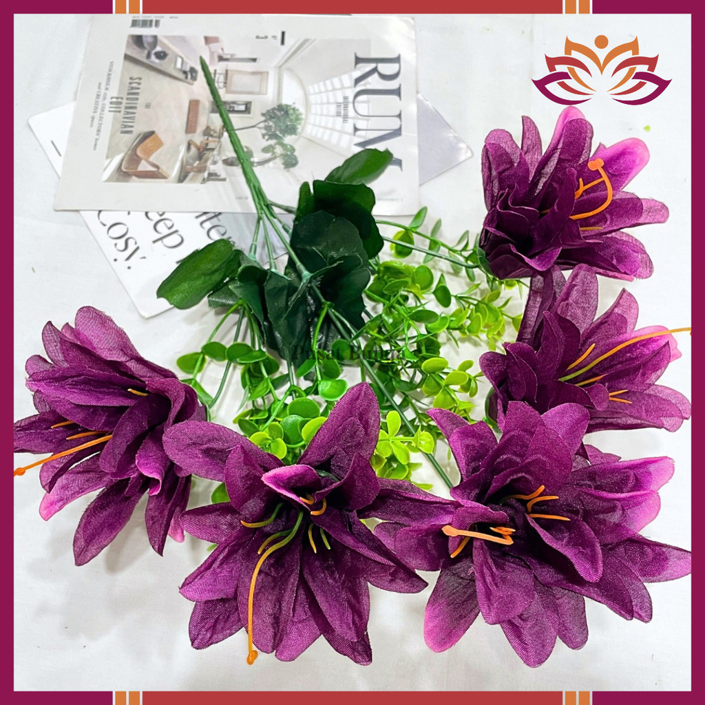 Bunga Lily Cabang 5 Dekorasi/Lily Tiger Casablanca/bunga dahlia/Bunga Artificial Murah Import(nk-329