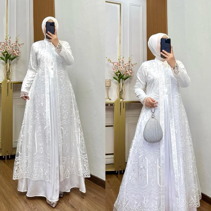 Gamis Lebaran Terbaru Nadira Dress Busui 2 Bahan Organza Bordir Dengan Detai Payet Mote Gamis Pesta 