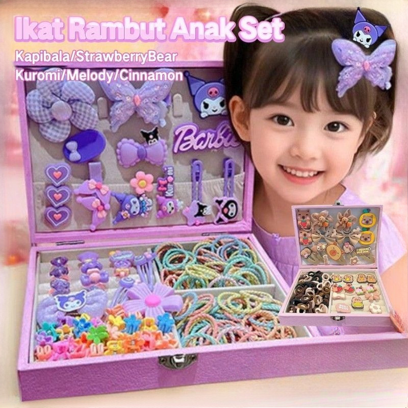 156PCS SET IKAT RAMBUT ANAK - Kuromi Melody Sanrio Dengan Kotak Hadiah, Kado Ulang Tahun Anak Peremp