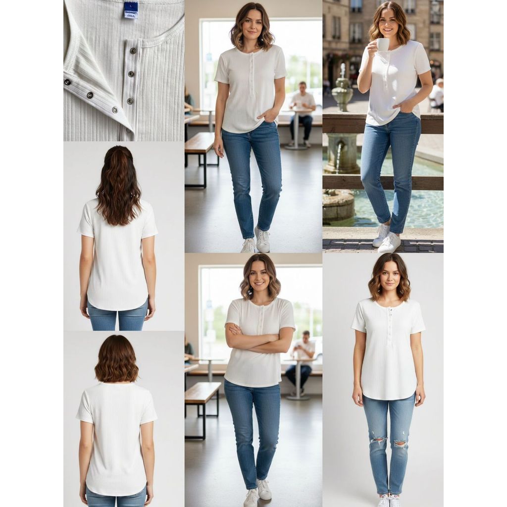 Kaos Lengan Pendek Wanita Henley Bahan Katun Rib Lembut | Women's White Short-Sleeve Ribbed T-Shirt 