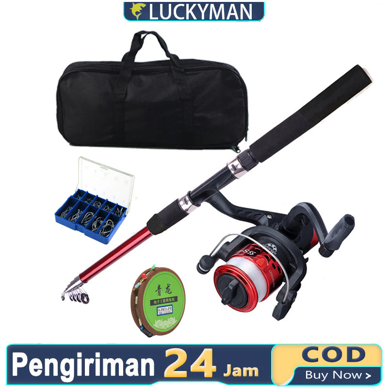 Set Pancing Lengkap Dengan Reel Spinning, Joran Teleskopik, Dan Tas Pancing Berkapasitas Besar Senar
