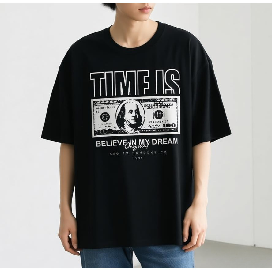 Baju Baggy Hitam Grafik Uang Kertas 100 Dolar Putih - Kaos Pernyataan Time Is Money Retro Hip-Hop