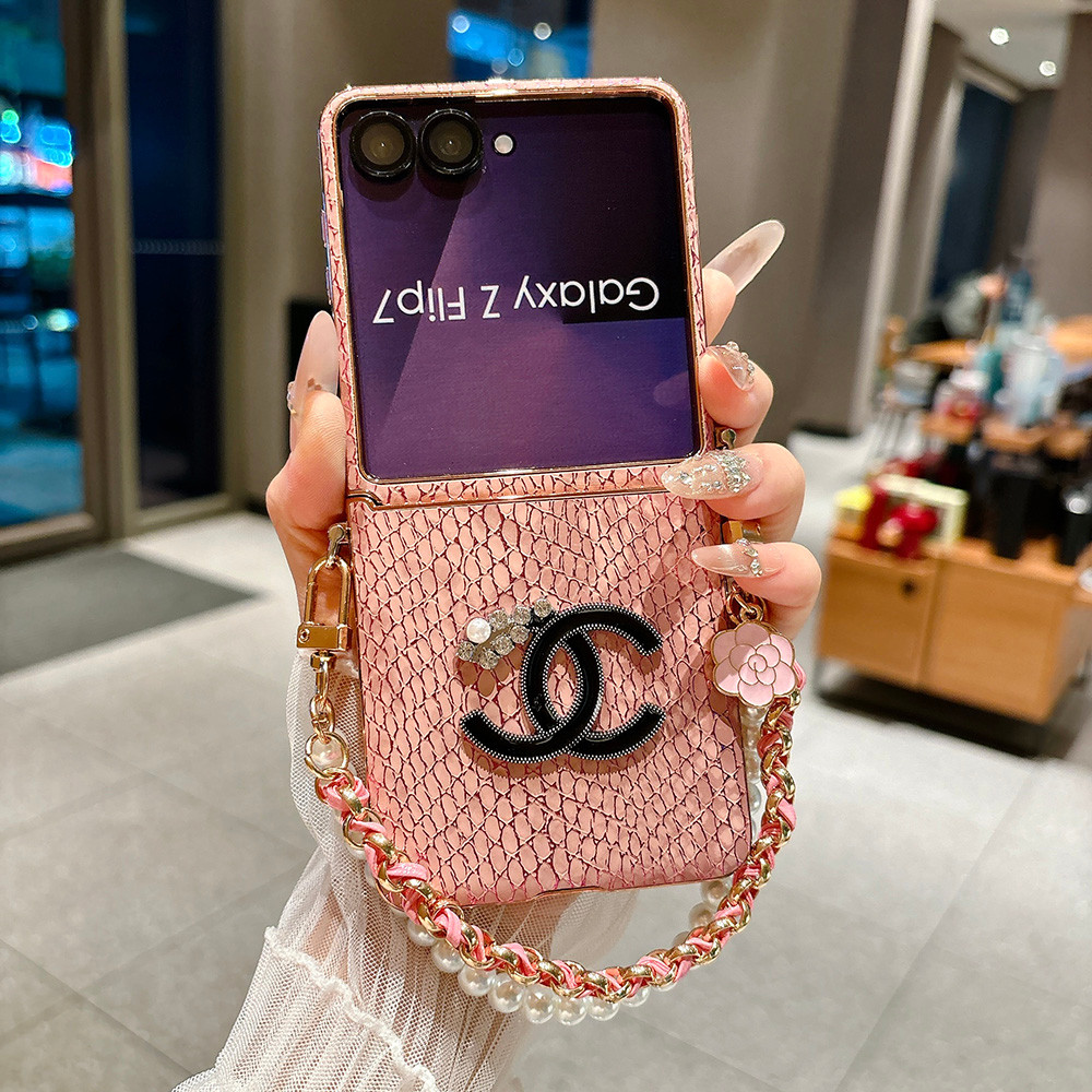 Case Samsung Galaxy Z Flip 7 6 5 4 Casing ponsel hp kulit ular berlapis chrome dengan logo berlian h