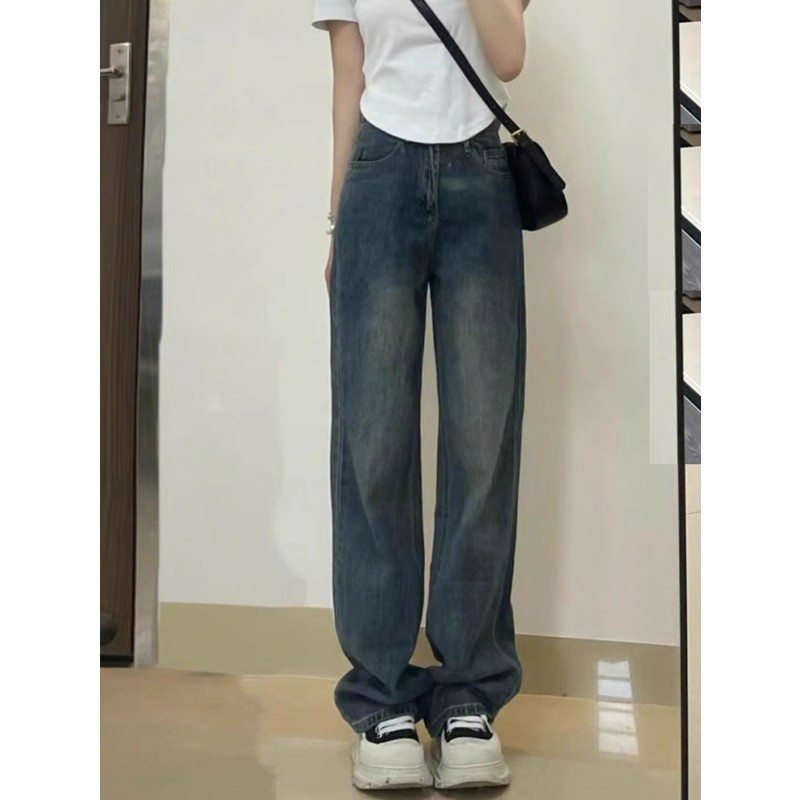 Biru retro Celana jeans wanita Premium Celana jeans lurus longgar ala Korea - By YOYO
