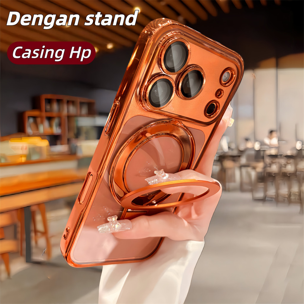 Kasing HP Kosmik Orange Magnetic Lipat Bracket iPhone 13 14 15 16 17 Pro Max Transparan Plating Anti