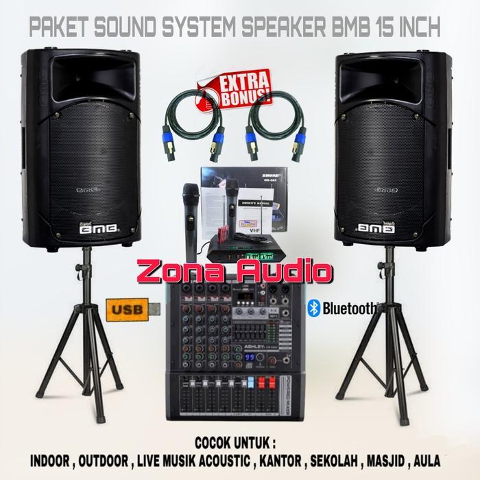 PAKET SOUND SYSTEM OUTDOOR INDOOR SPEAKER BMB 15 INCH MIXER POWER ASHLEY ORIGINAL