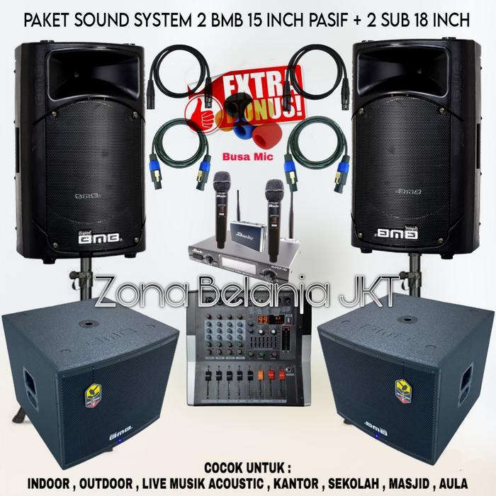 Paket Sound System Indoor Outdoor Speaker BMB 15 Inch + 2 Subwoofer 18 Inch Aktif Power Mixer 4 Chan