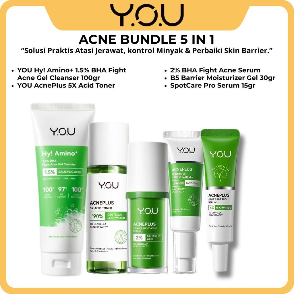 YOU AcnePlus Paket Skincare Jerawat 5 in 1 Cleanser Toner Serum Moisturizer Spot Care