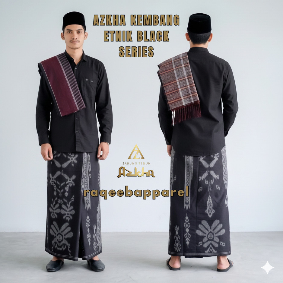 Sarung Azkha Black Series Kembang Etnik Tenun Dewasa Motif Hitam Pria Sholat Elegan Premium Halus Mu