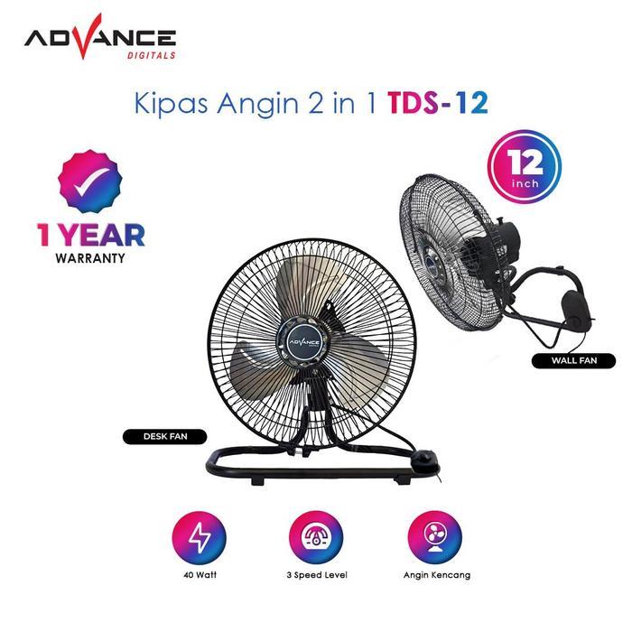 (Jamay Elektro) Kipas Angin Advance TDS-12 2in1 Kipas Dinding / Meja Kipas Angin 12 inch - Hitam
