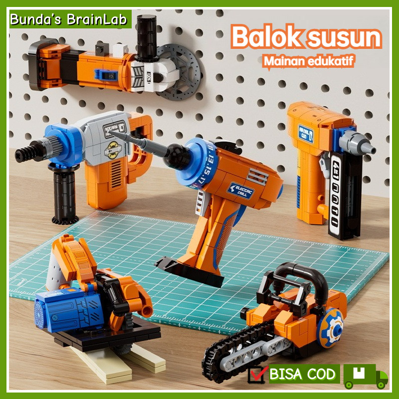 Mainan Balok Edukasi Anak Mini Bor Listrik/Palu Listrik/Gergaji Listrik/Pistol Paku Listrik/Mesin Am