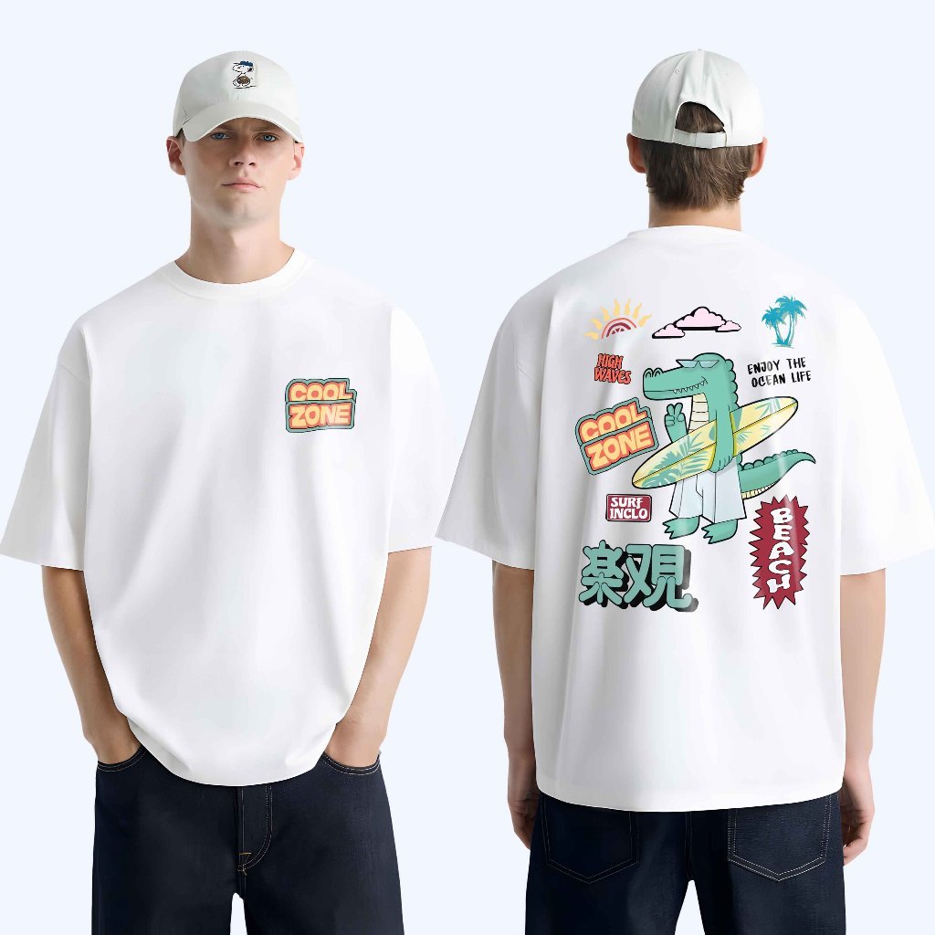Surfinclo Oversized T-Shirt Streetwear White Cool Zone Cotton Combed 24s Kaos Pria
