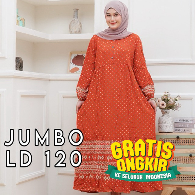 Gamis Rayon Jumbo LD 120 Motif Polkadot Model Rempel- pakaian wanita lainnya