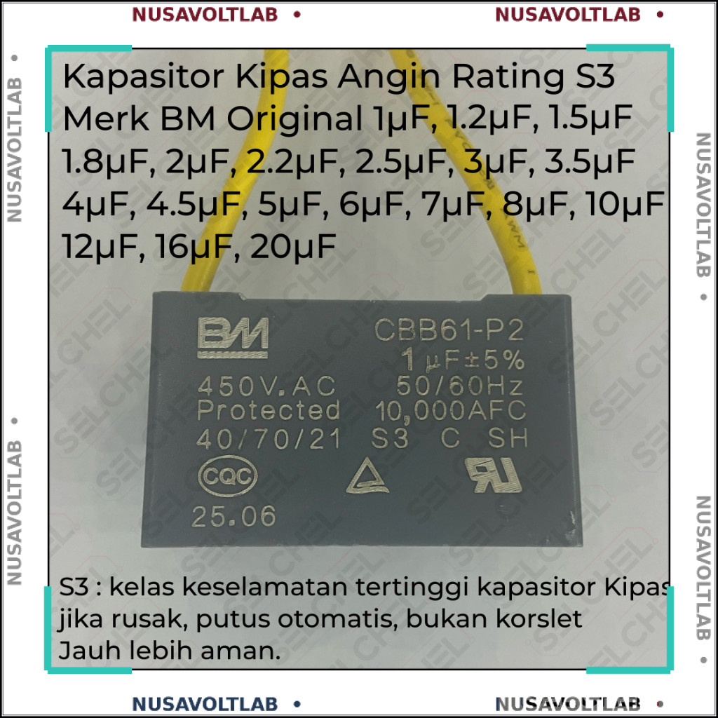 Kapasitor Kipas Angin BM CBB61 S3 P2 450VAC Original Protected 10000 AFC Pilihan Nilai 1uF 1.2uF 1.5