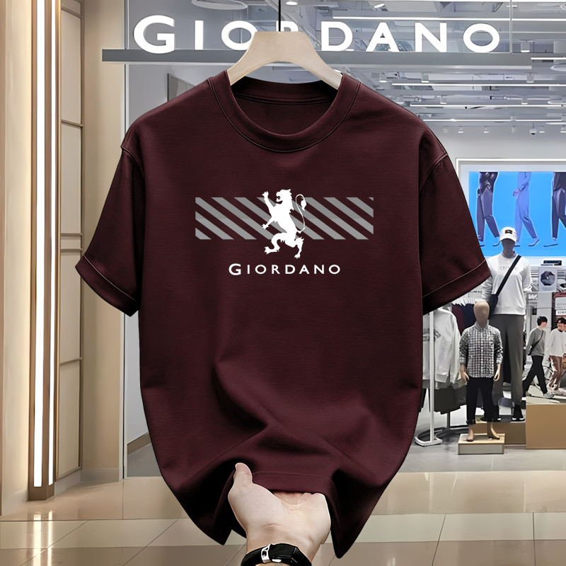 100% Katun Murni  Giordano T‑Shirt Pria Grafis Original Cotton Katun Casual Kaos Kaos Pendek