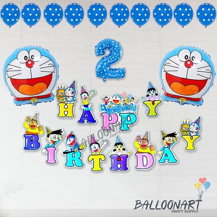 DORAEMON SIMPLE DEKORASI SET/BALON FOIL/DEKORASI ULANG TAHUN ANAK/PAKET BALON ULTAH Biru - HEMAT, An