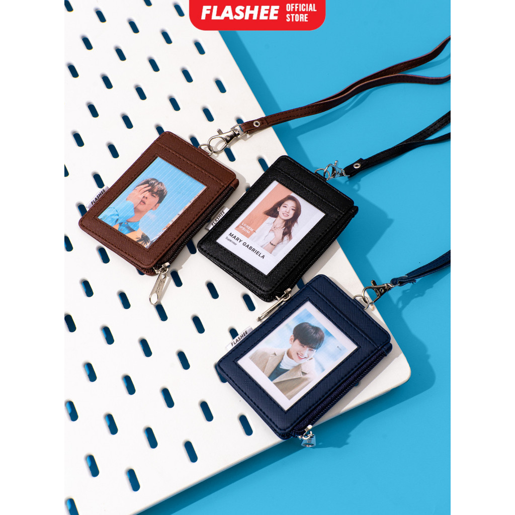 Lanyard Name Tag ID Card Holder Kulit Premium PU Leather Lanyard NameTag ID Card Holder Resleting