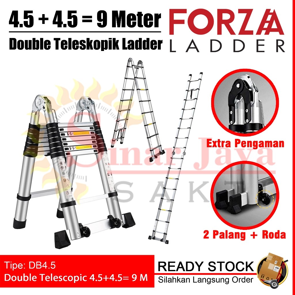 Forza Tangga Lipat Teleskopik 9 Meter Forza 4.5+4.5= 9 M Double Telescopic Tipe DB4.5 Tangga Alumuni