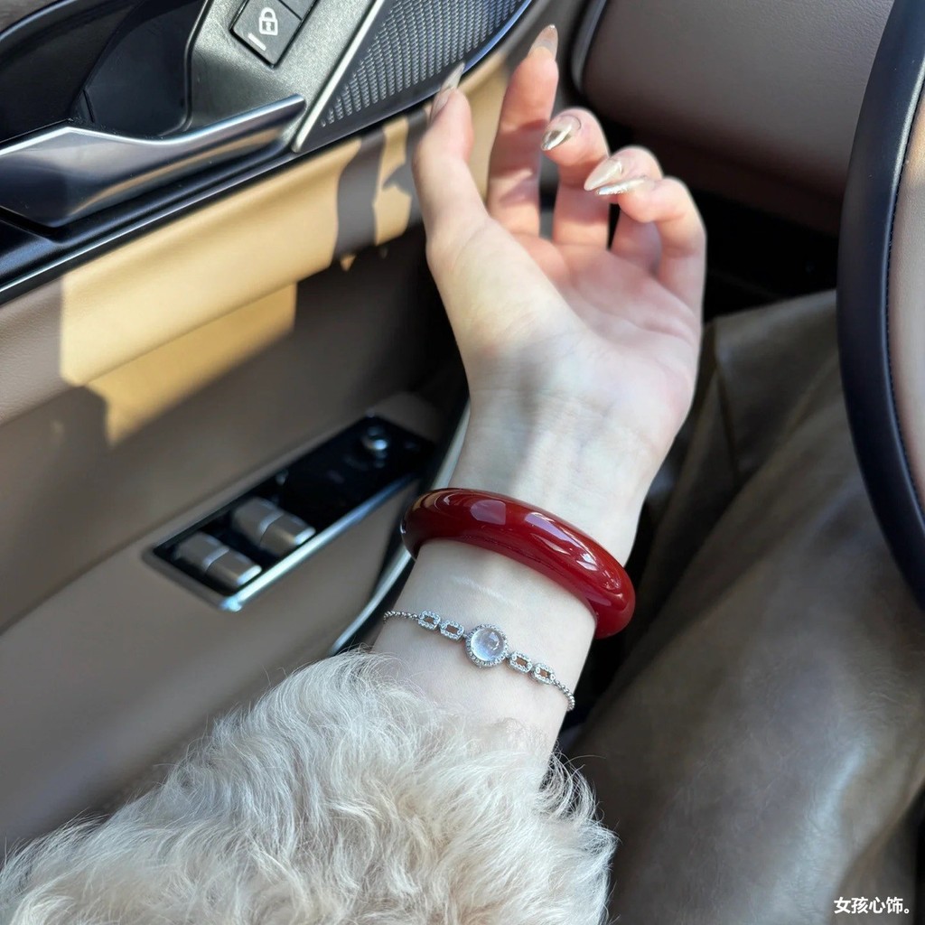 Gelang Batu Akik Merah Brasil Asli untuk Wanita Tali Lebar Gelang Batu Akik Merah Es Asli