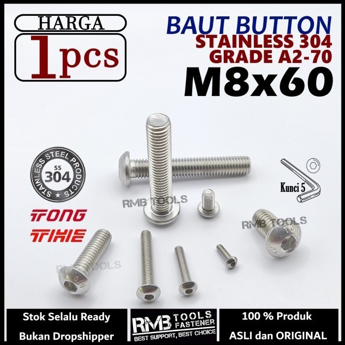 Baut L Button M8x60 Stainless Steel 304 A2-70 Tahan Karat Kunci L5 M8