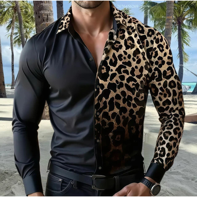 Kemeja lengan panjang motif leopard yang dapat direntangkan ke empat arah, kemeja pria bermotif