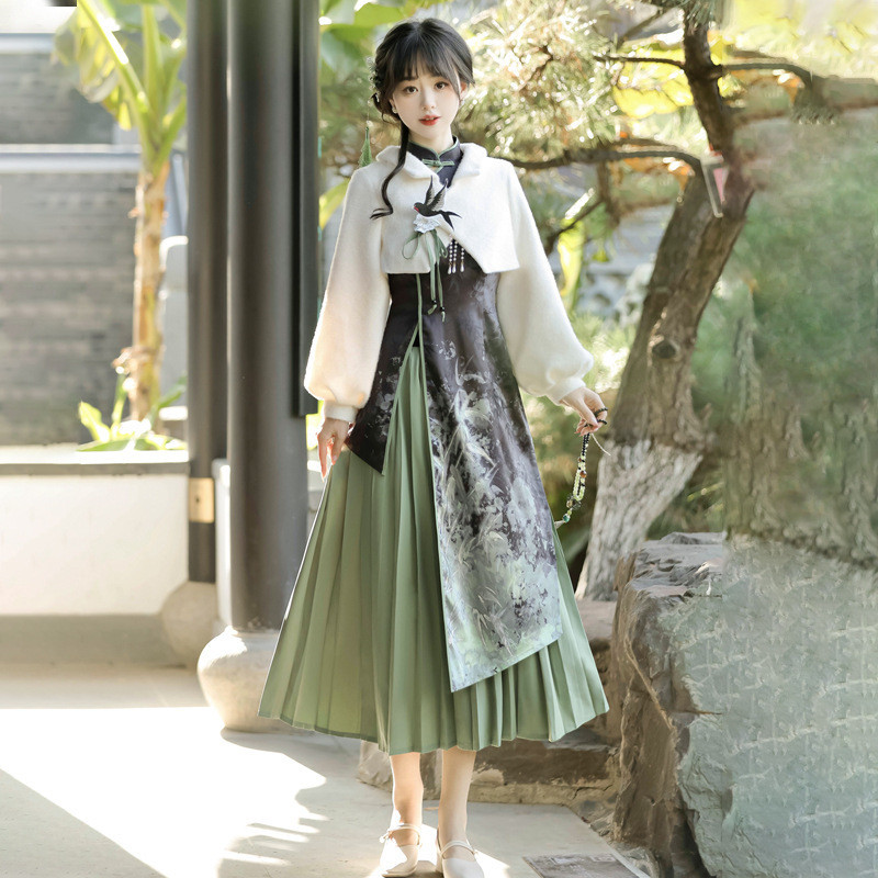 Set Baru Modern TB Wanita Tipis Jas Hanfu dan Rok Cheongsam Setengah untuk Musim Semi Sehari-hari