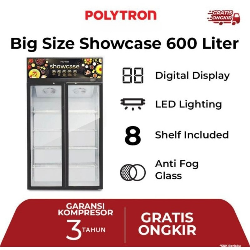 Polytron Showcase 2 Pintu 600 Liter 4 Rak Chiller Cooler Display Minuman Tanpa Bunga Es SCN 610