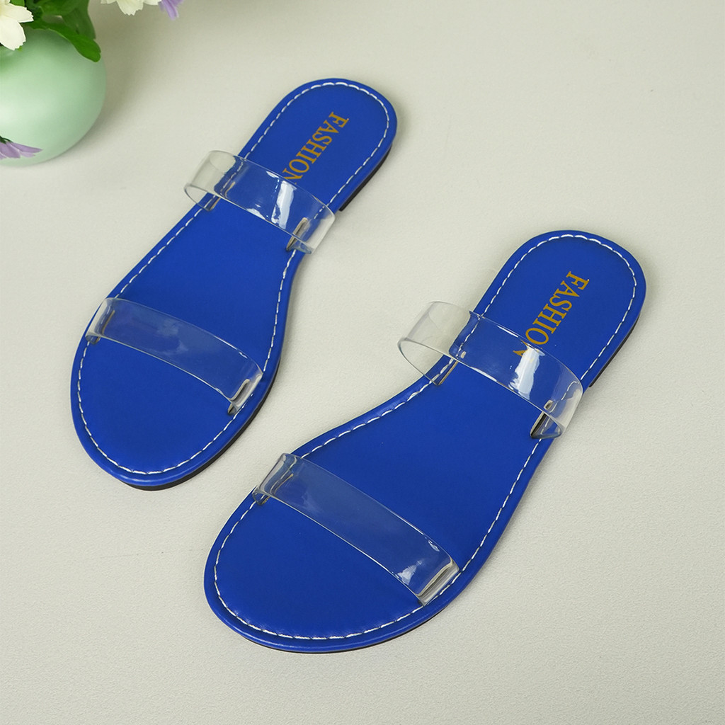 Sandal Flat Wanita Kekinian Tali Transparan Biru - Sandal Santai Pantai Bening Cantik - Import