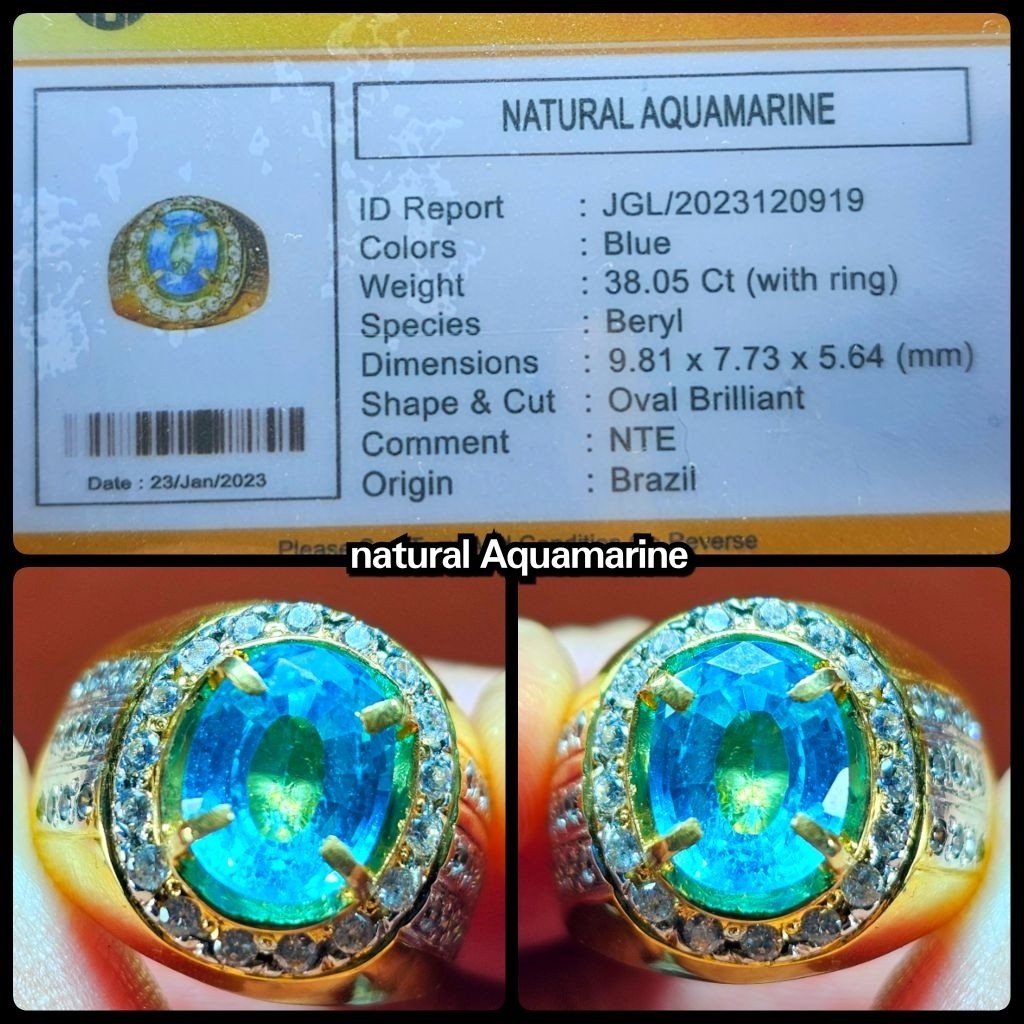 natural Aquamarine beryl kristal asli brazil + ring perak silver