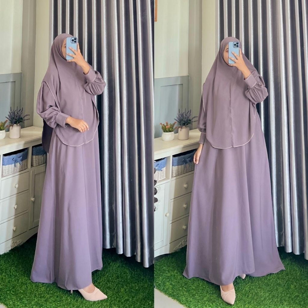 Gamis Simple Daily Set Hijab Kancing Depan Aktif Sampai Bawah Bahan Katun Madinah Premium.