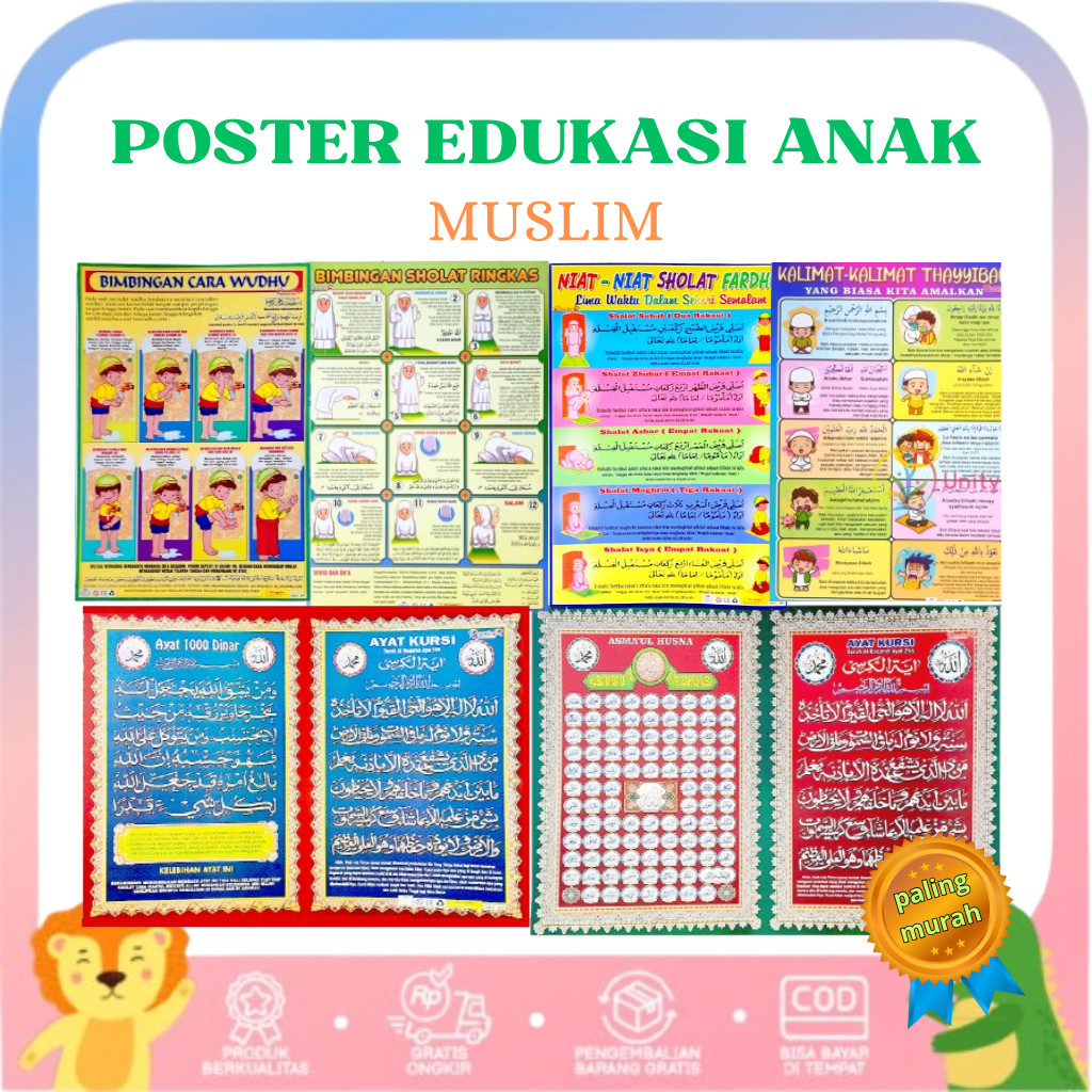 Poster Edukasi Anak Belajar versi muslim doa-doa dan tata cara wudhu